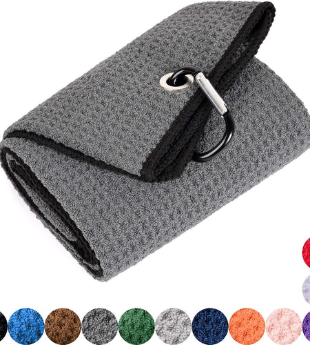 Microfiber Waffle Pattern Golf Towel | Club Groove Cleaner Brush | Foldable Divot Tool with Magnetic Ball Marker (Dark Gray Towel/Brush/Bone Divot)
