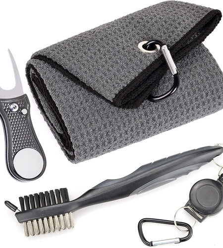 Microfiber Waffle Pattern Golf Towel | Club Groove Cleaner Brush | Foldable Divot Tool with Magnetic Ball Marker (Dark Gray Towel/Brush/Bone Divot)