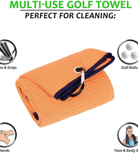 Golf Towels, Microfiber Waffle Pattern Tri-Fold Golf Towel - Brush Tool Kit with Club Groove Cleaner, with Clip Men Women Golf Gifts (Orange Towel+Black Brush)