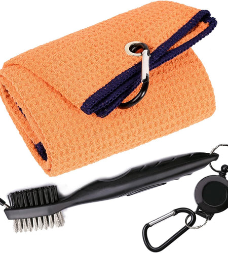 Golf Towels, Microfiber Waffle Pattern Tri-Fold Golf Towel - Brush Tool Kit with Club Groove Cleaner, with Clip Men Women Golf Gifts (Orange Towel+Black Brush)
